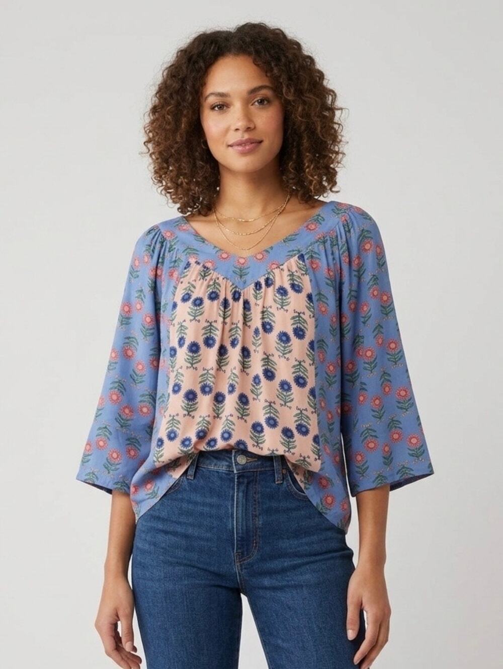 Sacred Threads Boho‎ Floral Print Blouse Top S/M Blue Pink Rayon India Peasant